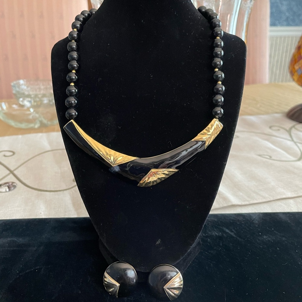 Elegant Black and Gold Statement Necklace and Earrings Set